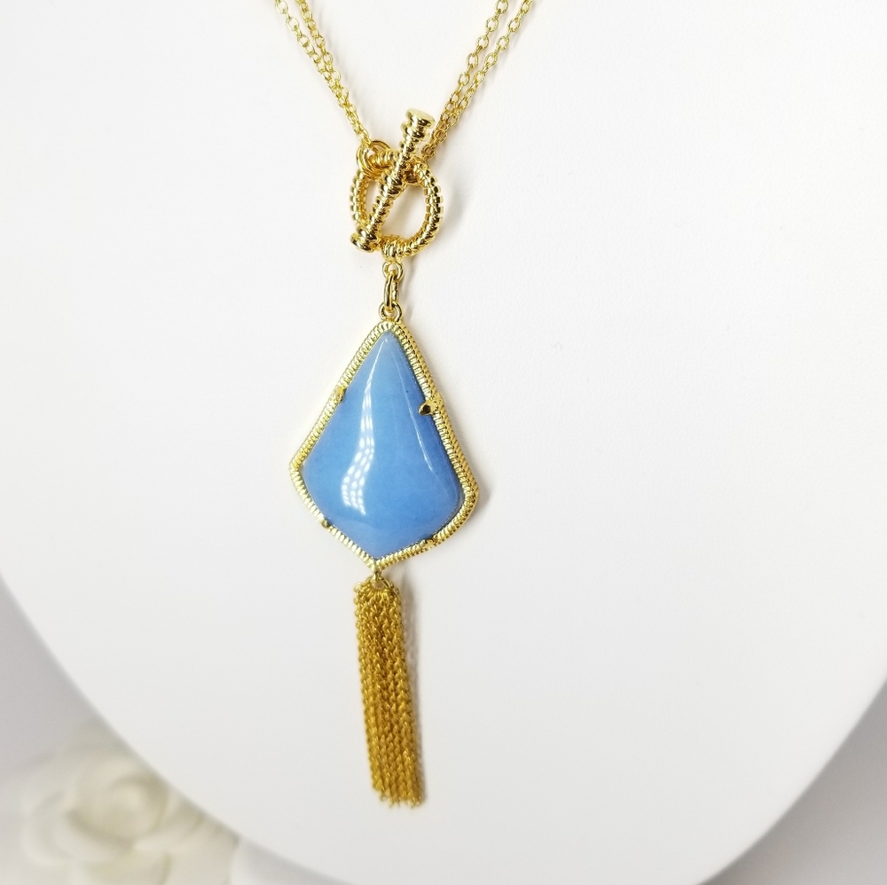 2 Ways Tassel Blue Agate CZ Necklace NWT - Picture 7 of 10
